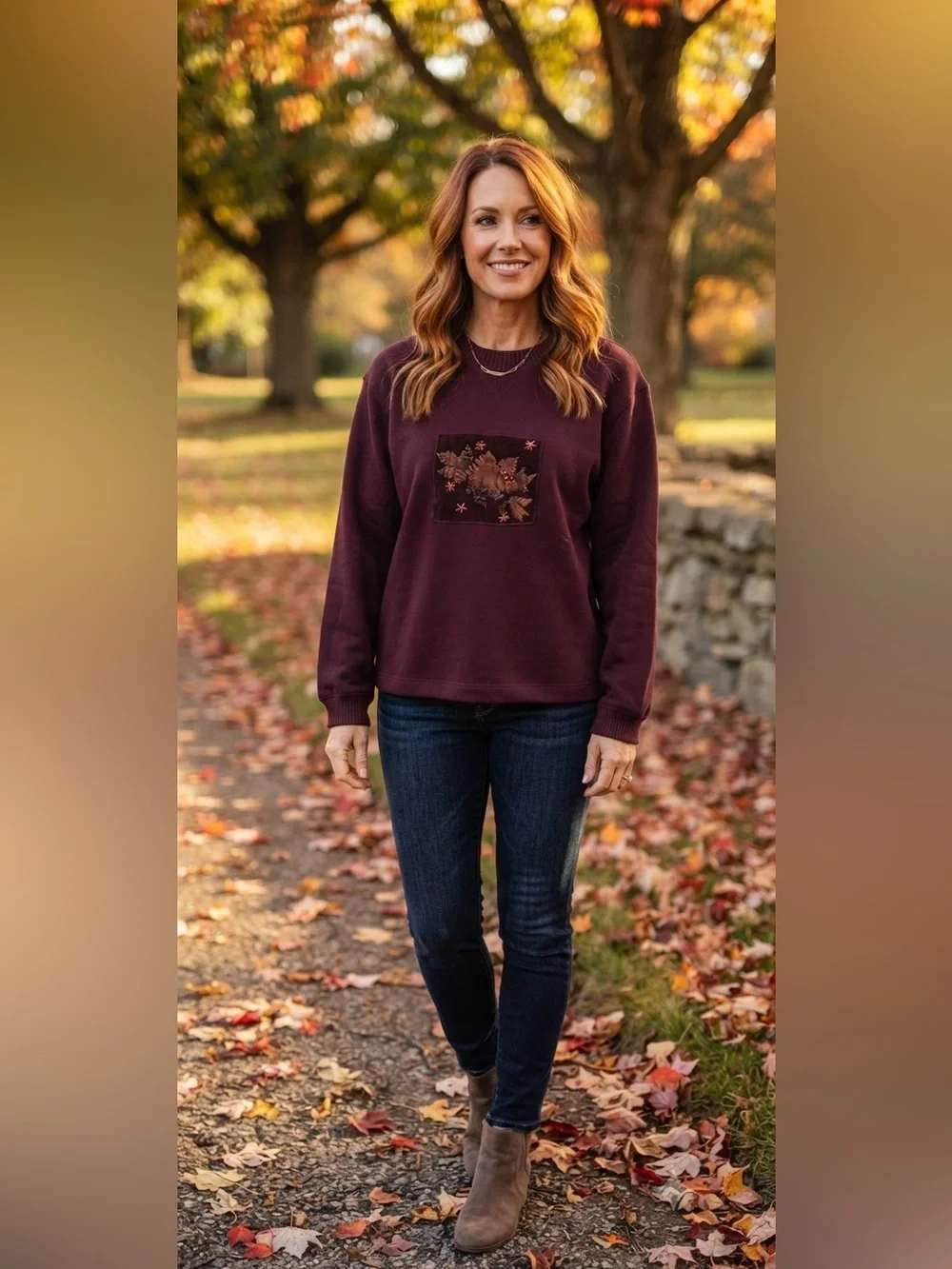 Onque casual vintage fall stitched sweater large 100% cotton fall leaves cottage
